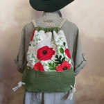 Plecak Lniany Worek Damski Mech i Czerwone Maki