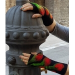 Mitenki Wełniane Długie Czarne w Czerwone Pąki Kwiatów