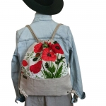 Plecak Lniany Worek Damski Natura i Czerwone Maki