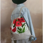 Plecak Lniany Worek Damski Natura i Czerwone Maki
