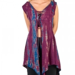 Długi Top z Kapturem Sznurowany Ręcznie Barwiony Fiolety