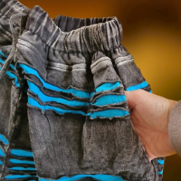 Spodnie Patchwork Bawełniany Czarno Niebieski Duże