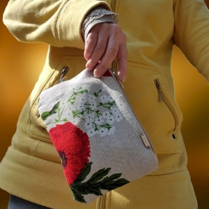 Torebka Lniana na Nadgarstek Czerwone Maki