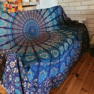 Wielokolorowa Narzuta Koc Gobelin na Ścianę Mandala Niebieska 230x220 cm