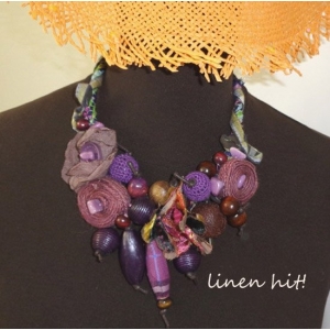 Lniany Naszyjnik Fioletowe Winogrona Handmade