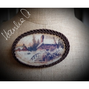 Broszka Vintage Obrazek w Ramce z Koronki w Brązie