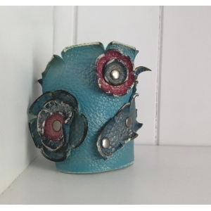 Crazy Bransoleta Skórzana Obraz Kwiaty i Liść Hand Made OOAK