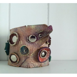 Bransoleta Skórzana Kółka i Kółka Brudny Róż Hand Made OOAK