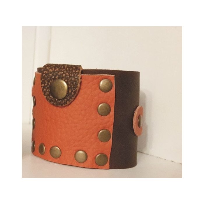 Bransoleta Skórzana z Kieszenią Brąz Pomarańcz Hand Made OOAK