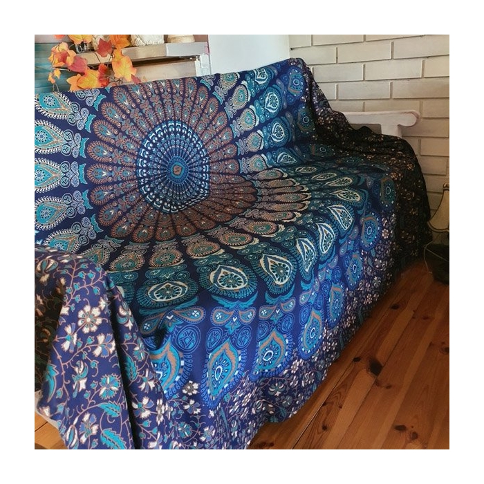 Wielokolorowa Narzuta Koc Gobelin na Ścianę Mandala Niebieska 230x220 cm