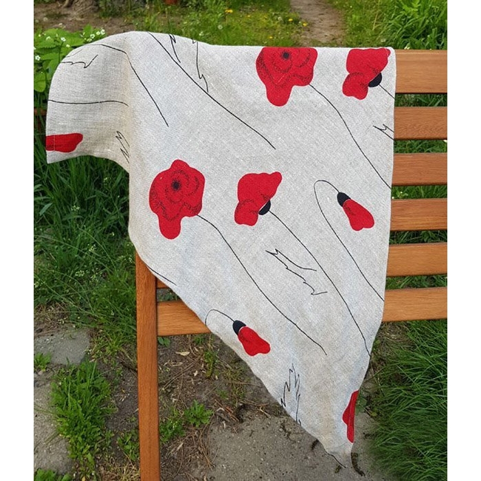 Apaszka Lniana Trójkątna Szara w Czerwone Maki