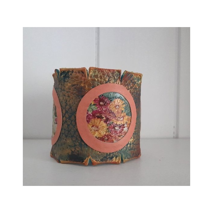 Bransoleta Skórzana Decoupage Trzy obrazy z Kwiatami HandMade OOAK