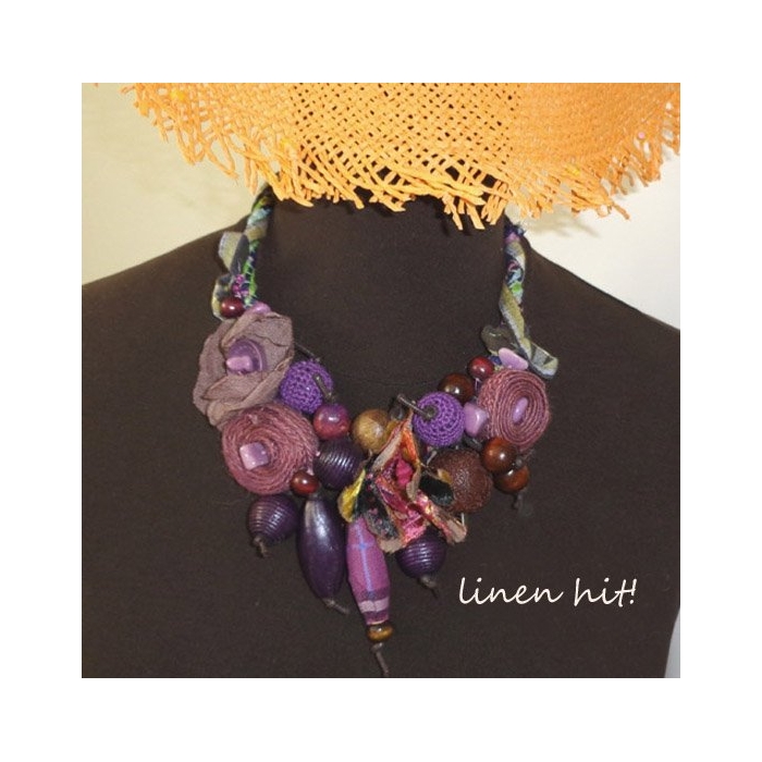 Lniany Naszyjnik Fioletowe Winogrona Handmade