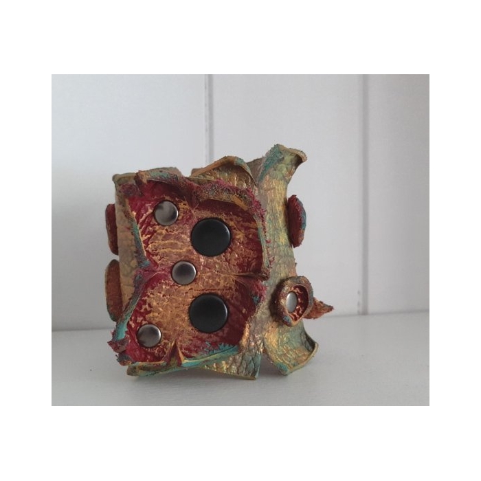 Bransoleta Skórzana Liść i Kólka z Turkusem Hand Made OOAK