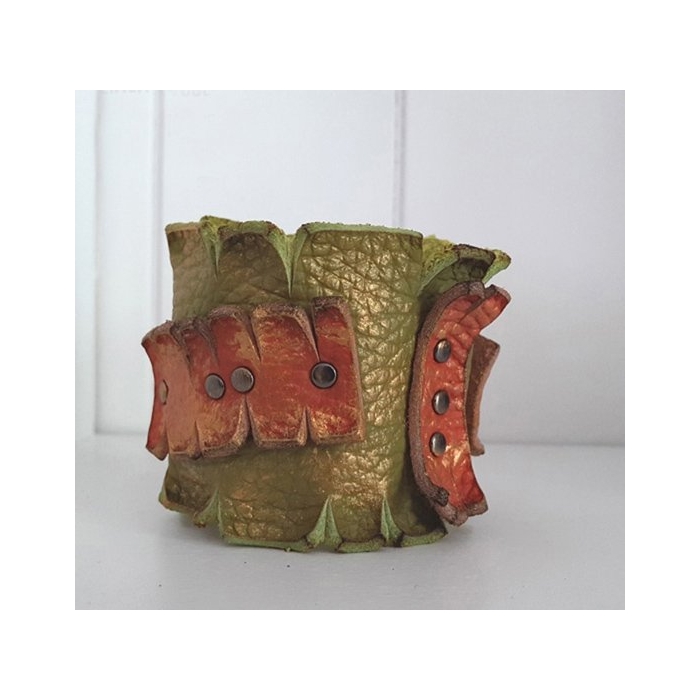Bransoleta Skórzana Mankiet Khaki i Orange Hand Made OOAK