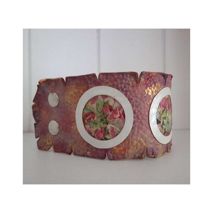 Bransoleta Skórzana Decoupage Trzy Obrazy Różane Hand Made OOAK