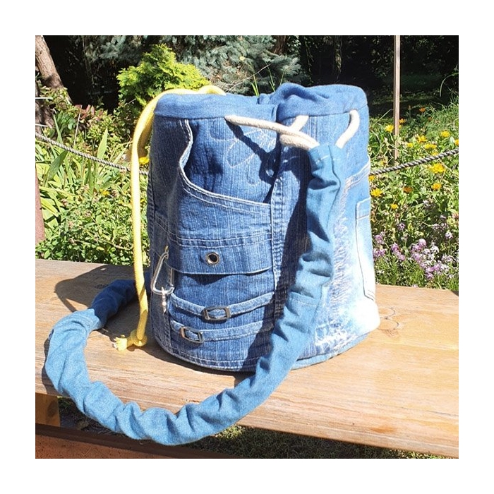 Worek Dżinsowy Duży Torebka na Sznurkach Blue Jeans Serduszko