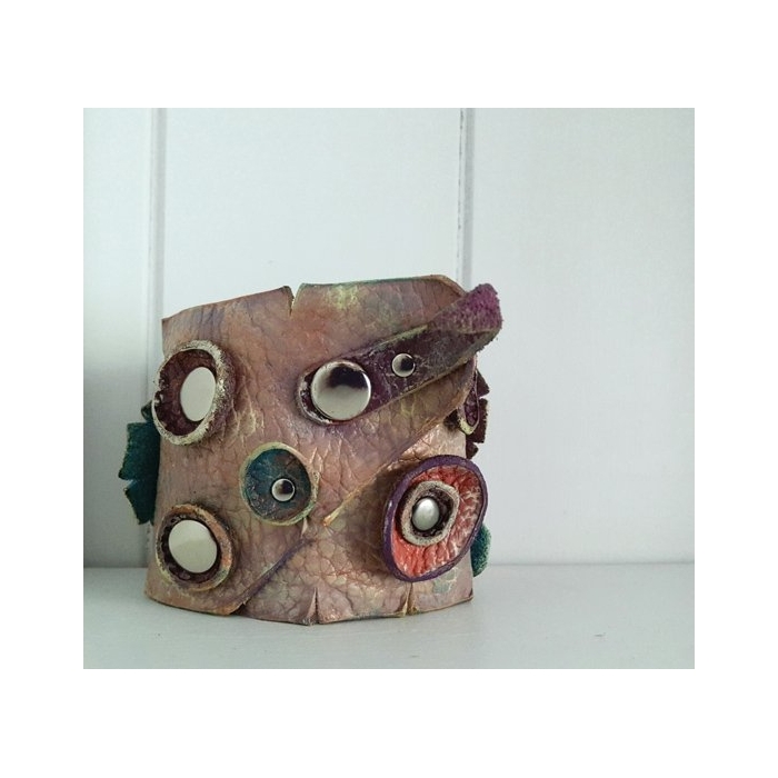 Bransoleta Skórzana Kółka i Kółka Brudny Róż Hand Made OOAK