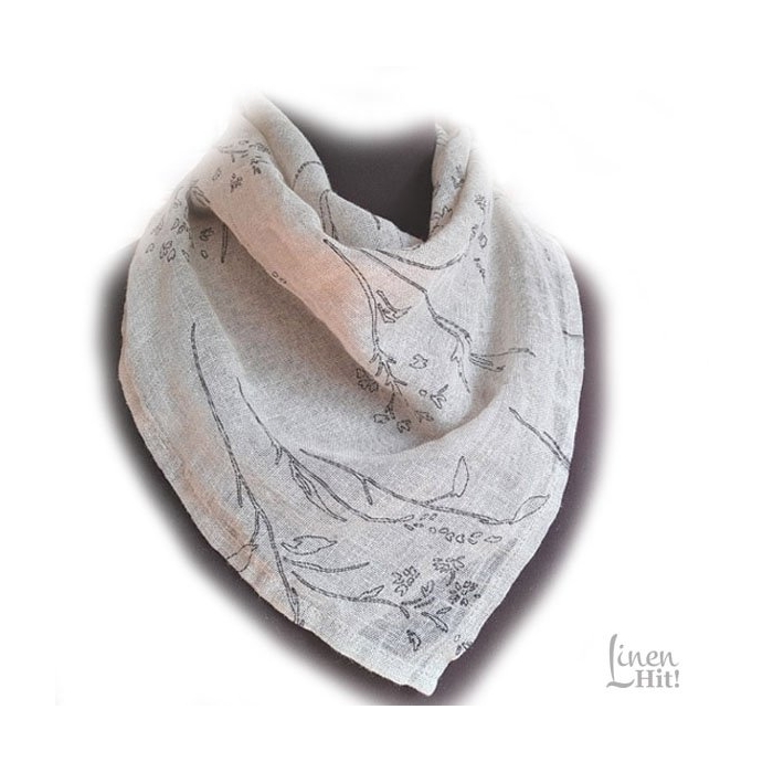 Lniana Bandana Beż w Kwiaty z Delikatnej Siateczki